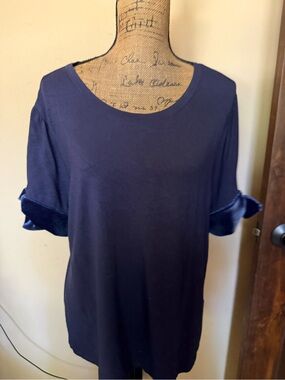 Maison Jules Navy Short Sleeve Top with Velvet Sleeve Cuffs
